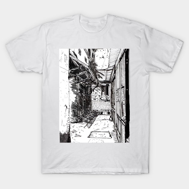 Alleyway Saigon Vietnam Pen and Ink Illustration T-Shirt by Wall-Art-Sketch